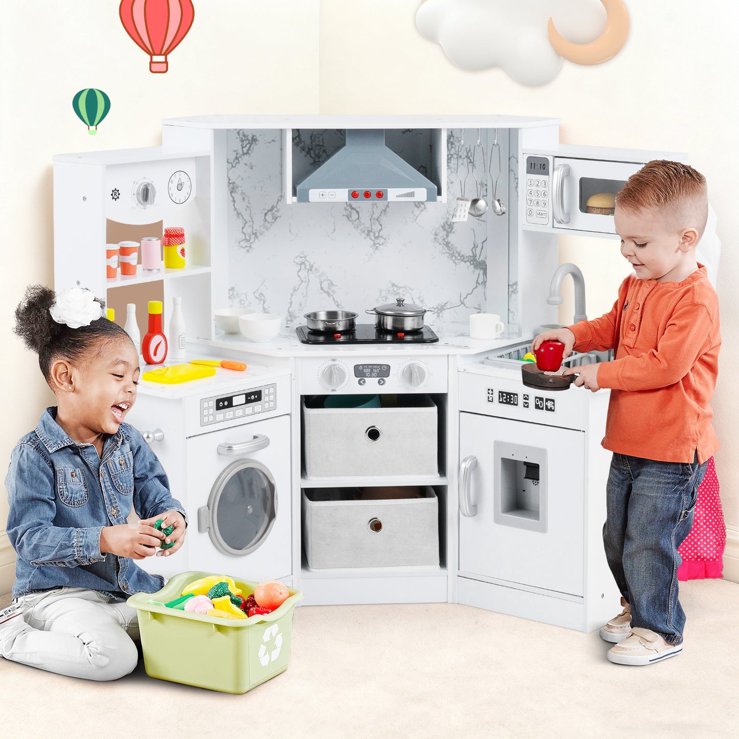 Wooden Kids Play Kitchen Playset with Realistic Lights and Sounds-Pink