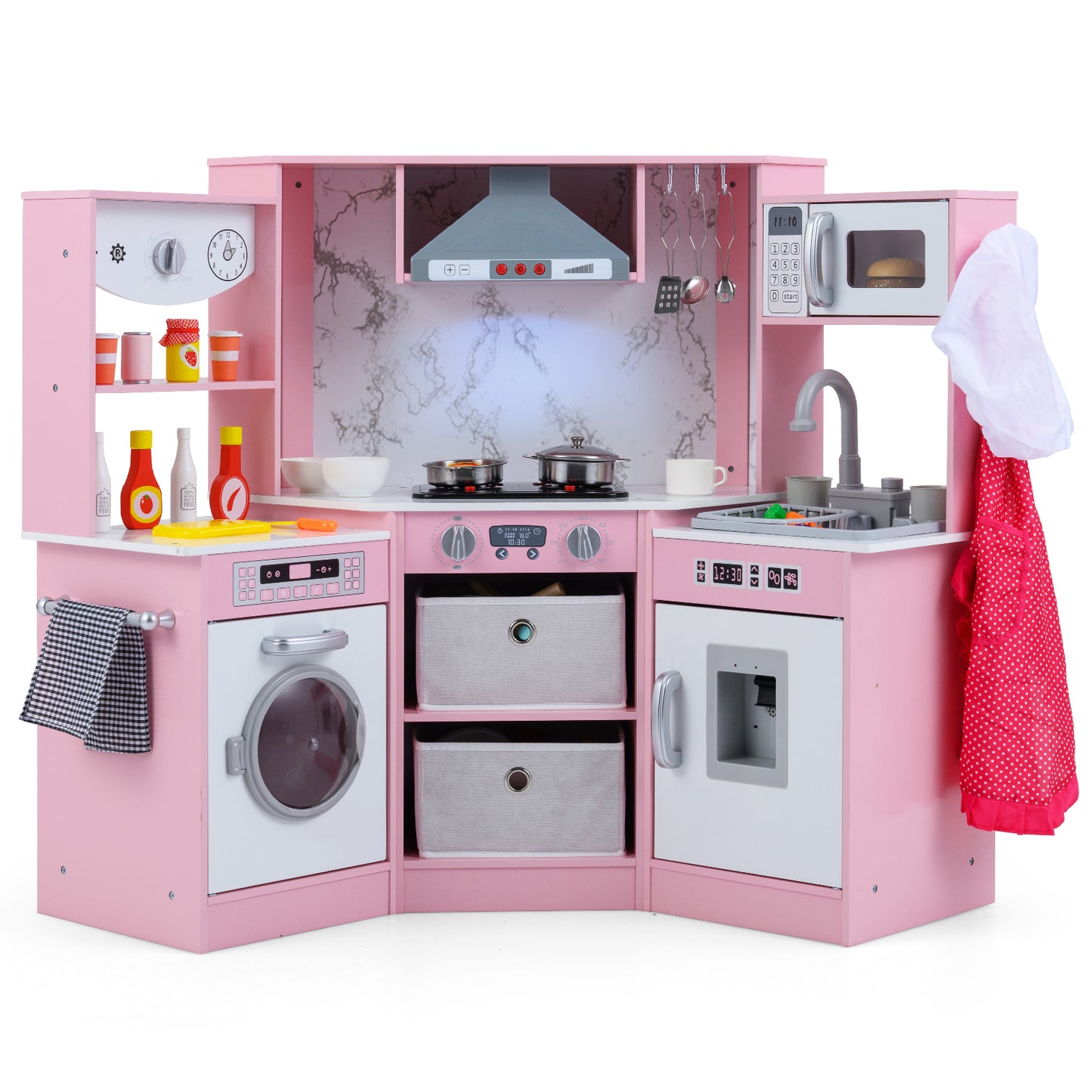 Wooden Kids Play Kitchen Playset with Realistic Lights and Sounds-Pink
