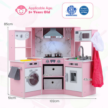 Wooden Kids Play Kitchen Playset with Realistic Lights and Sounds-Pink