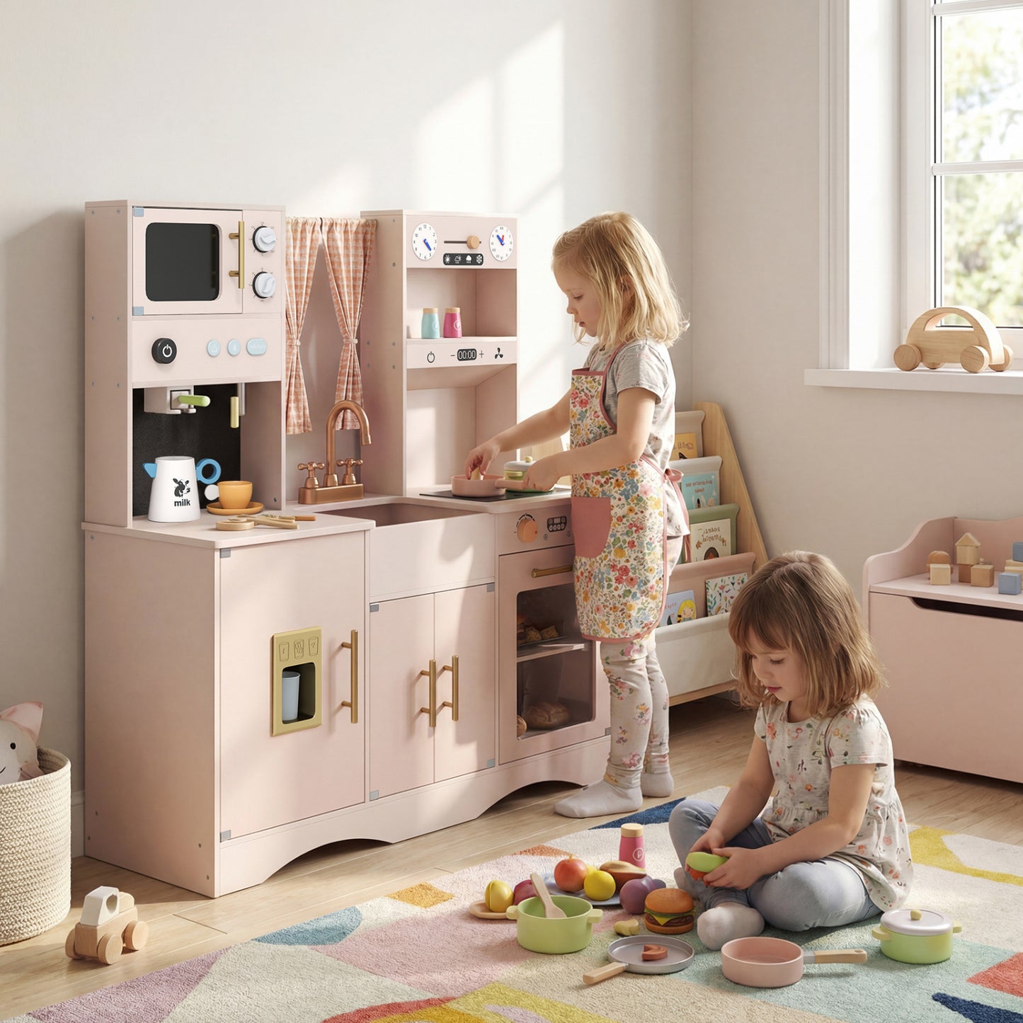 Wooden Kids Pretend Play Toy Kitchen with Microwave and Coffee Maker for Boys & Girls Ages 3+-Pink