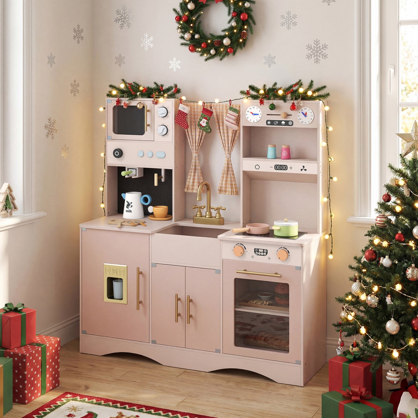 Wooden Kids Pretend Play Toy Kitchen with Microwave and Coffee Maker for Boys & Girls Ages 3+-Pink