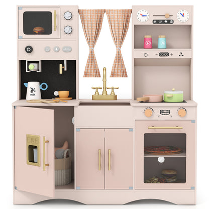 Wooden Kids Pretend Play Toy Kitchen with Microwave and Coffee Maker for Boys & Girls Ages 3+-Pink