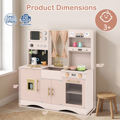 Wooden Kids Pretend Play Toy Kitchen with Microwave and Coffee Maker for Boys & Girls Ages 3+-Pink