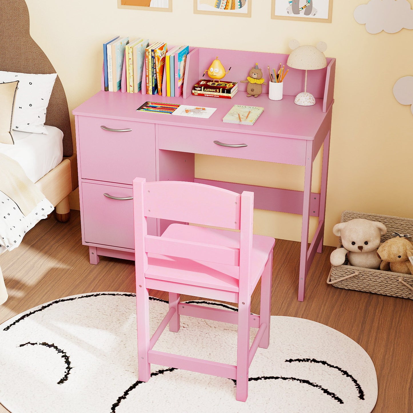 Wooden Kids Study Desk and Chair Set Student Workstation-Pink