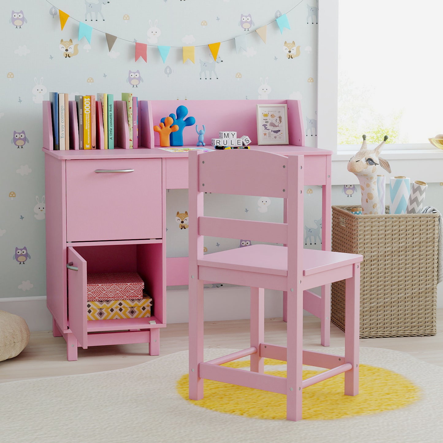 Wooden Kids Study Desk and Chair Set Student Workstation-Pink