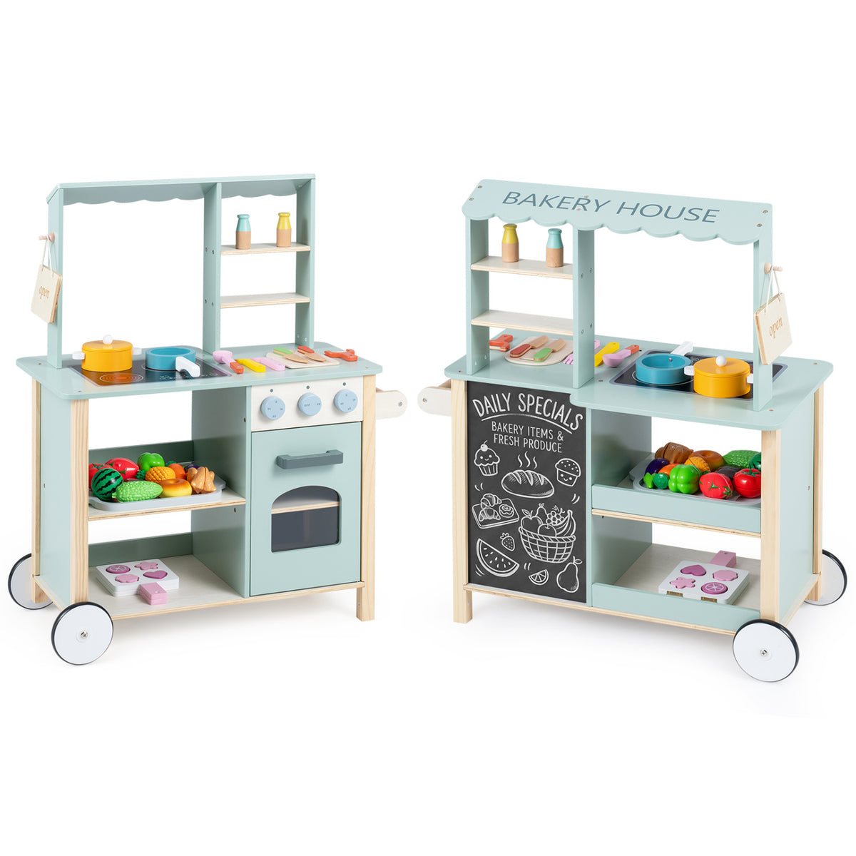 Wooden kitchen playset with cookware accessories for kids, featuring toy stove, pots, pans, and utensils in natural wood finish.