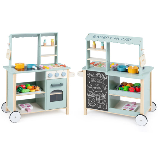 Wooden kitchen playset with cookware accessories for kids, featuring toy stove, pots, pans, and utensils in natural wood finish.