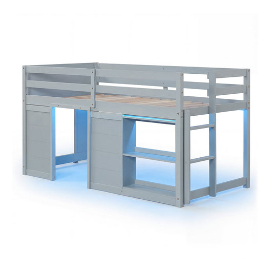 Wooden Low Kids Loft Bed with  LED Lights and 2 Doors-Gray