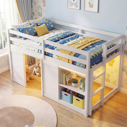 Wooden Low Kids Loft Bed with  LED Lights and 2 Doors-Gray