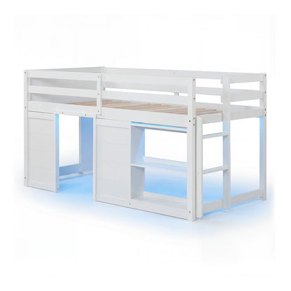 Wooden Low Kids Loft Bed with  LED Lights and 2 Doors-Gray