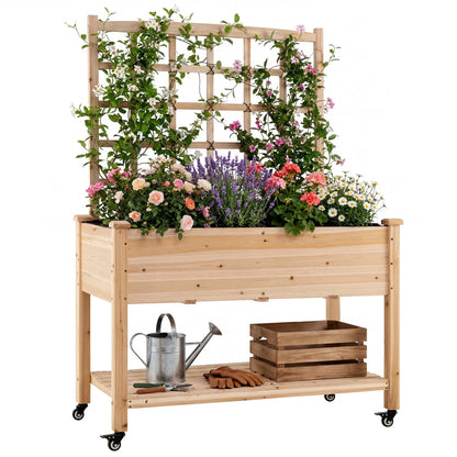 Wooden mobile raised garden bed with wheels and trellis, natural finish, ideal for outdoor vegetable and flower gardening.