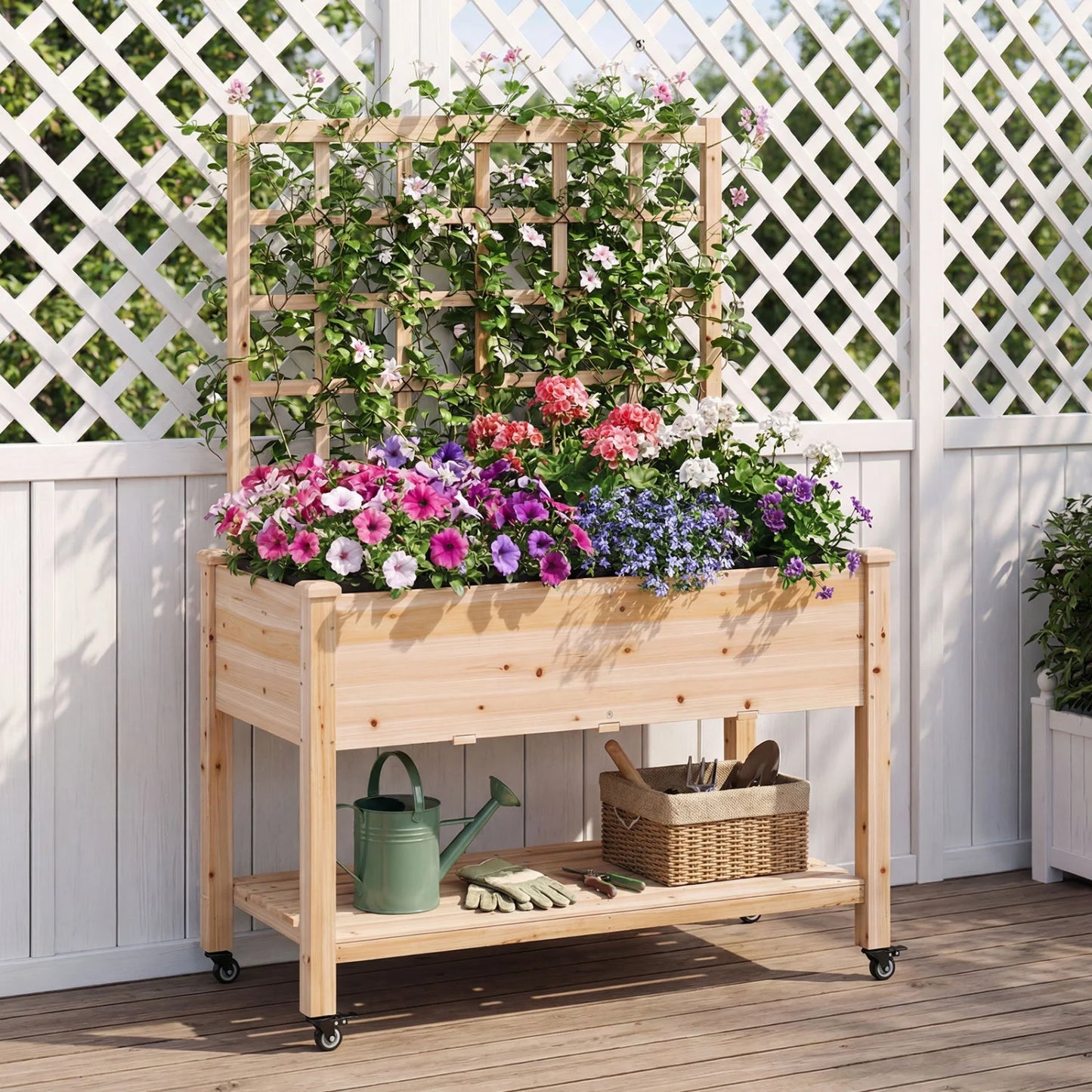 Wooden mobile raised garden bed with wheels and trellis, natural finish for outdoor garden use.