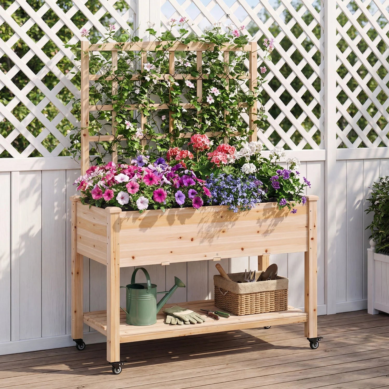 Wooden mobile raised garden bed with wheels and trellis, natural finish for outdoor garden use.