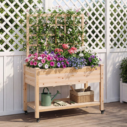 Wooden mobile raised garden bed with wheels and trellis, natural finish for outdoor garden use.