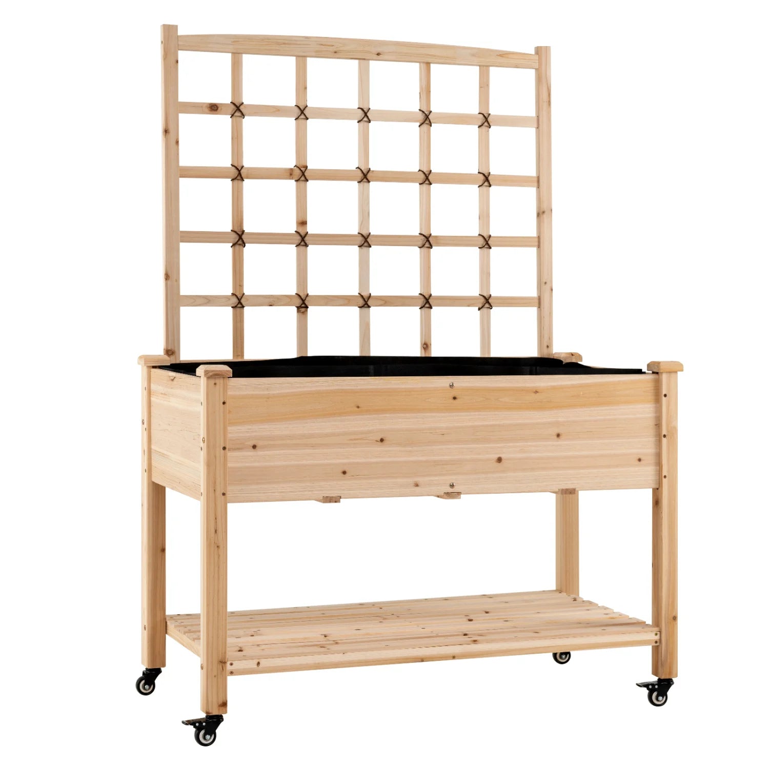 Natural wooden mobile raised garden bed with wheels and trellis for outdoor gardening, perfect for vegetable or flower planting.