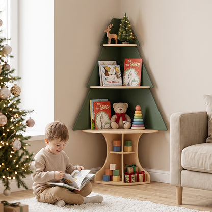 Wooden Montessori Corner Tree Bookshelf with Toy Storage-Green