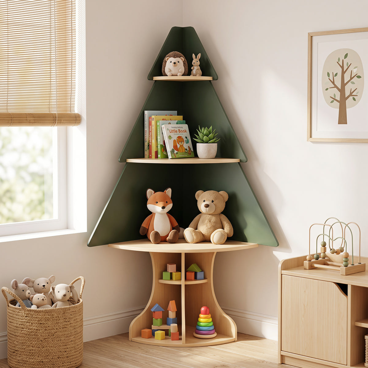 Wooden Montessori Corner Tree Bookshelf with Toy Storage-Green