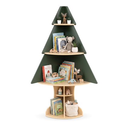 Wooden Montessori Corner Tree Bookshelf with Toy Storage-Green