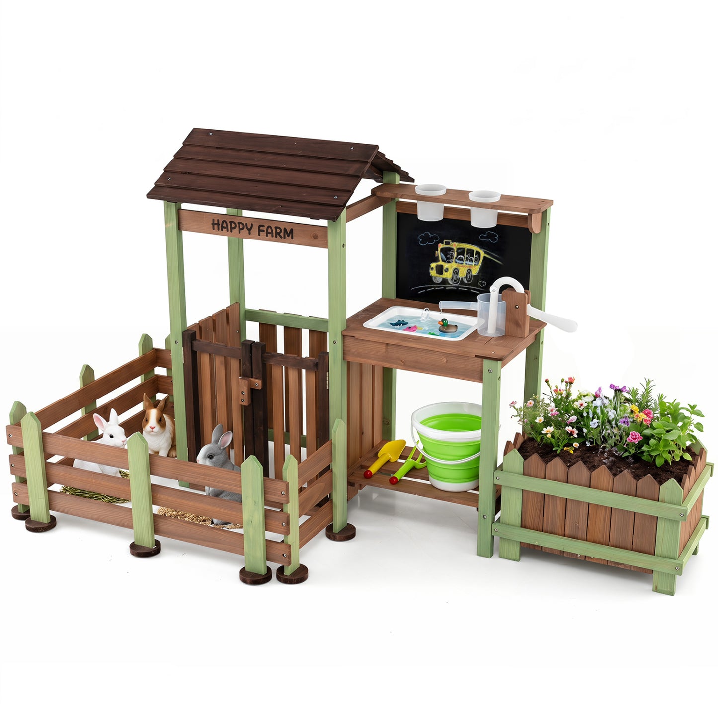 Wooden mud farm playset with planter box, lockable yard, and faucet for kids, part of pretend kitchen toys by Wilsons Home Store.