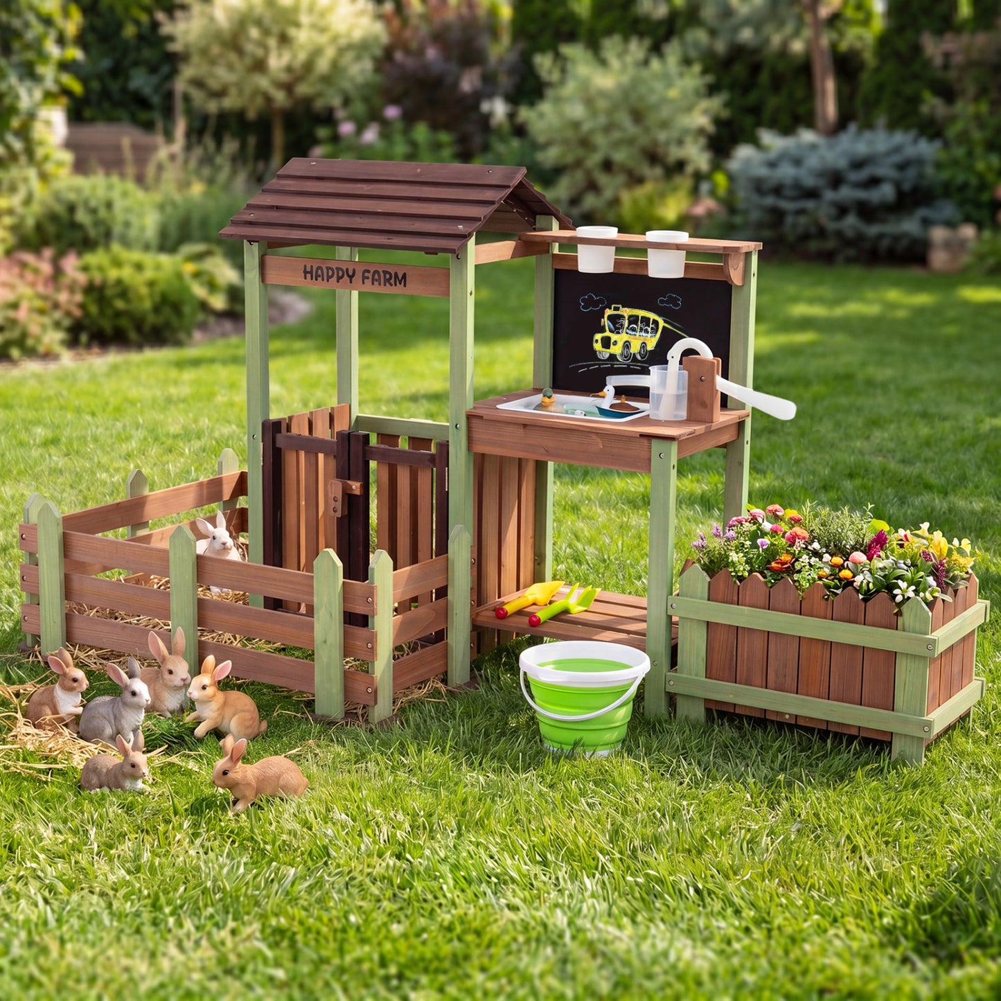 Wooden mud farm playset with planter box, lockable yard, and faucet for kids, designed for pretend play and outdoor fun.