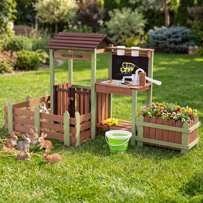 Wooden mud farm playset with planter box, lockable yard, and faucet for kids, designed for pretend play and outdoor fun.
