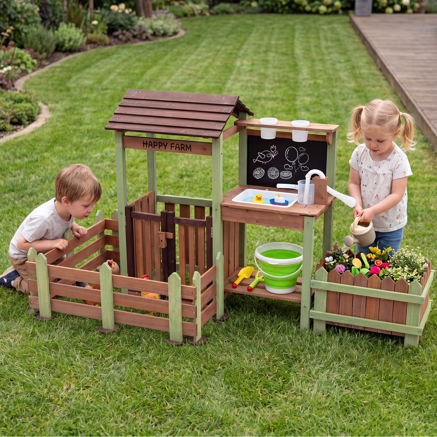 Wooden mud farm playset with planter box, lockable yard, and faucet, designed for kids’ pretend kitchen and outdoor play.