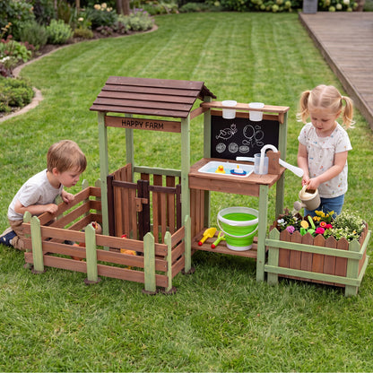 Wooden mud farm playset with planter box, lockable yard, and faucet, designed for kids’ pretend kitchen and outdoor play.