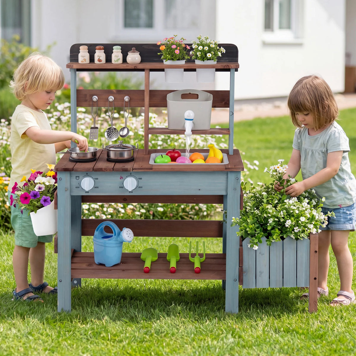 Wooden mud kitchen set with blue finish, includes running water faucet, perfect pretend play toy for kids, by Wilsons Home Store