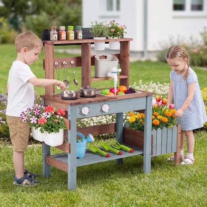Wooden mud kitchen set with blue finish, pretend play toys featuring a running water faucet and tank for kids' outdoor fun.