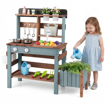 Wooden mud kitchen set with blue finish, includes running water faucet, pretend play toy for children, by Wilsons Home Store