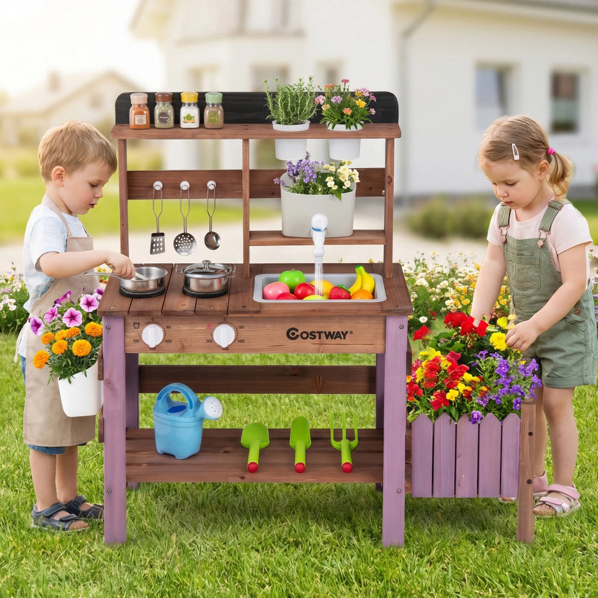 Wooden mud kitchen set with blue finish, pretend play toy including running water faucet for kids' outdoor imaginative play
