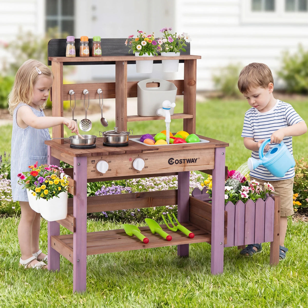 Wooden mud kitchen set with blue finish, features running water faucet and tank, designed for pretend play and imaginative activity.