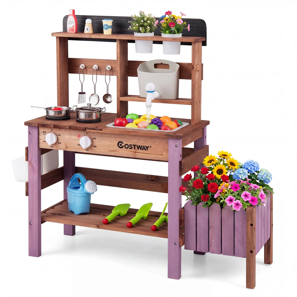 Wooden mud kitchen set with blue finish, includes running water faucet and tank, ideal for pretend play and outdoor fun.