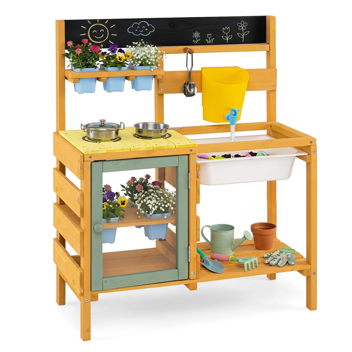 Wooden mud kitchen for toddlers with yellow faucet, water tank, and pretend play features, ideal for imaginative outdoor play.