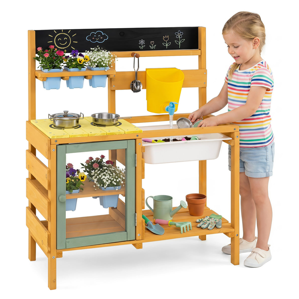 Wooden toddler mud kitchen with yellow finish, faucet, and water tank, designed for pretend play in the toys and hobbies category.