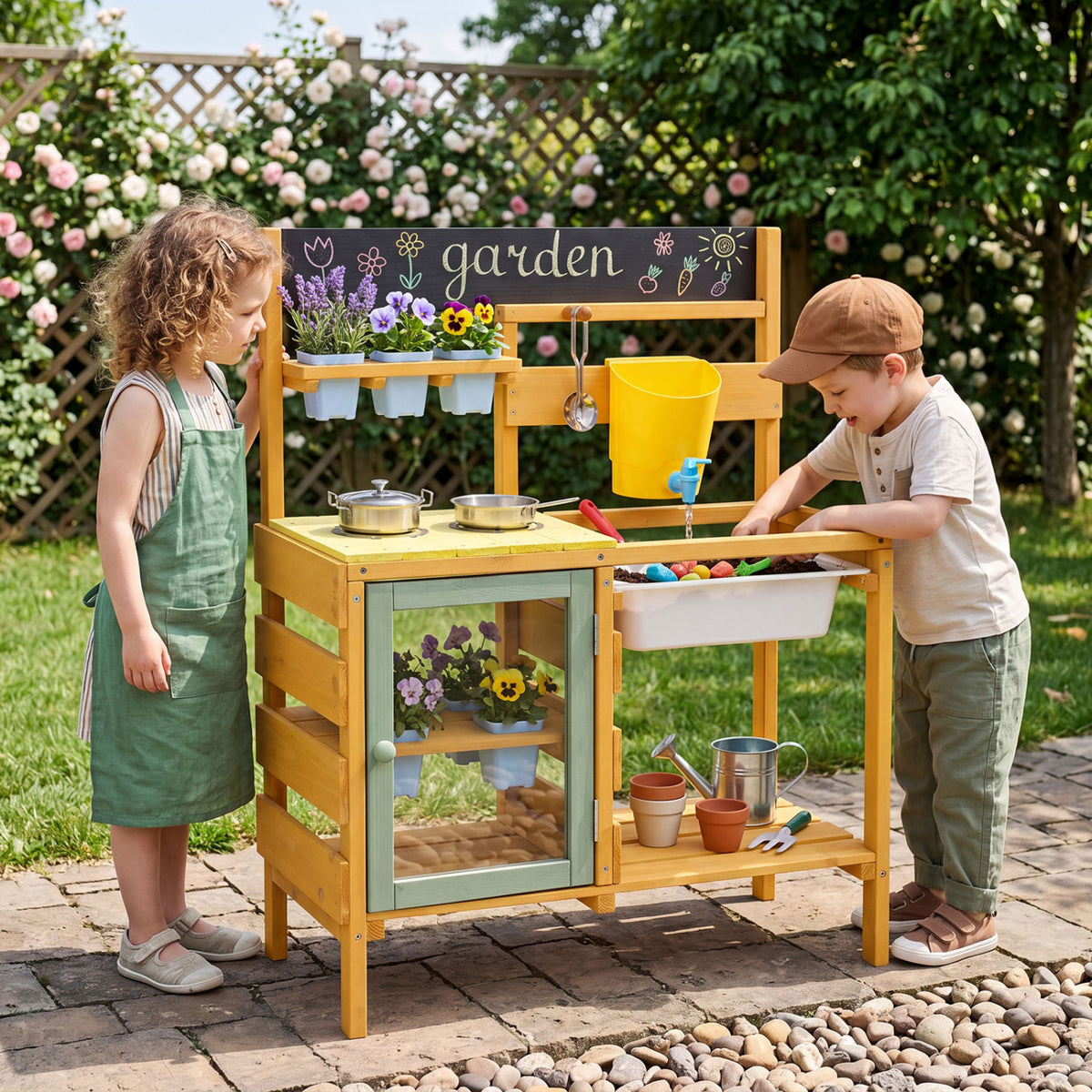 Wooden toddler mud kitchen with yellow finish, faucet, and water tank, designed for imaginative play in pretend toy kitchen set.
