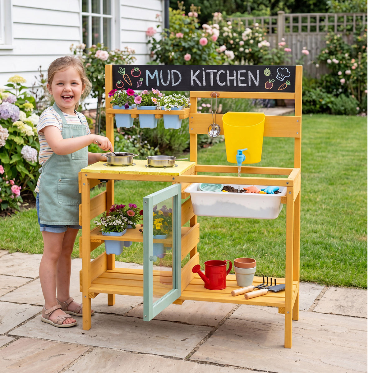 Wooden mud kitchen for toddlers with yellow finish, includes faucet and water tank, perfect for pretend play and outdoor fun.