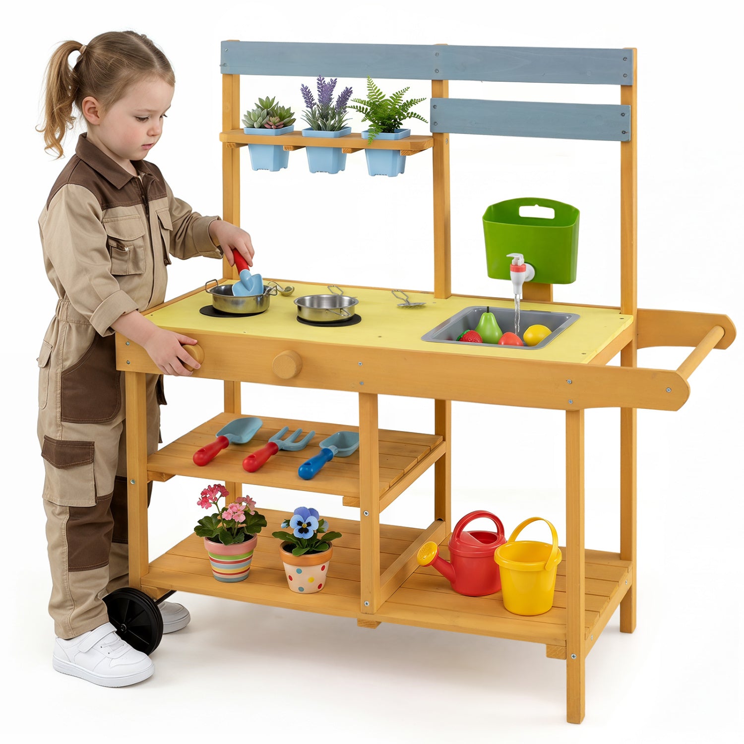 Wooden outdoor mud kitchen for kids with flowerpots and wheels, yellow play kitchen set for imaginative outdoor fun