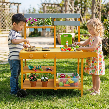 Wooden outdoor kids' mud kitchen with flowerpots and wheels, yellow pretend play kitchen set for outdoor fun.