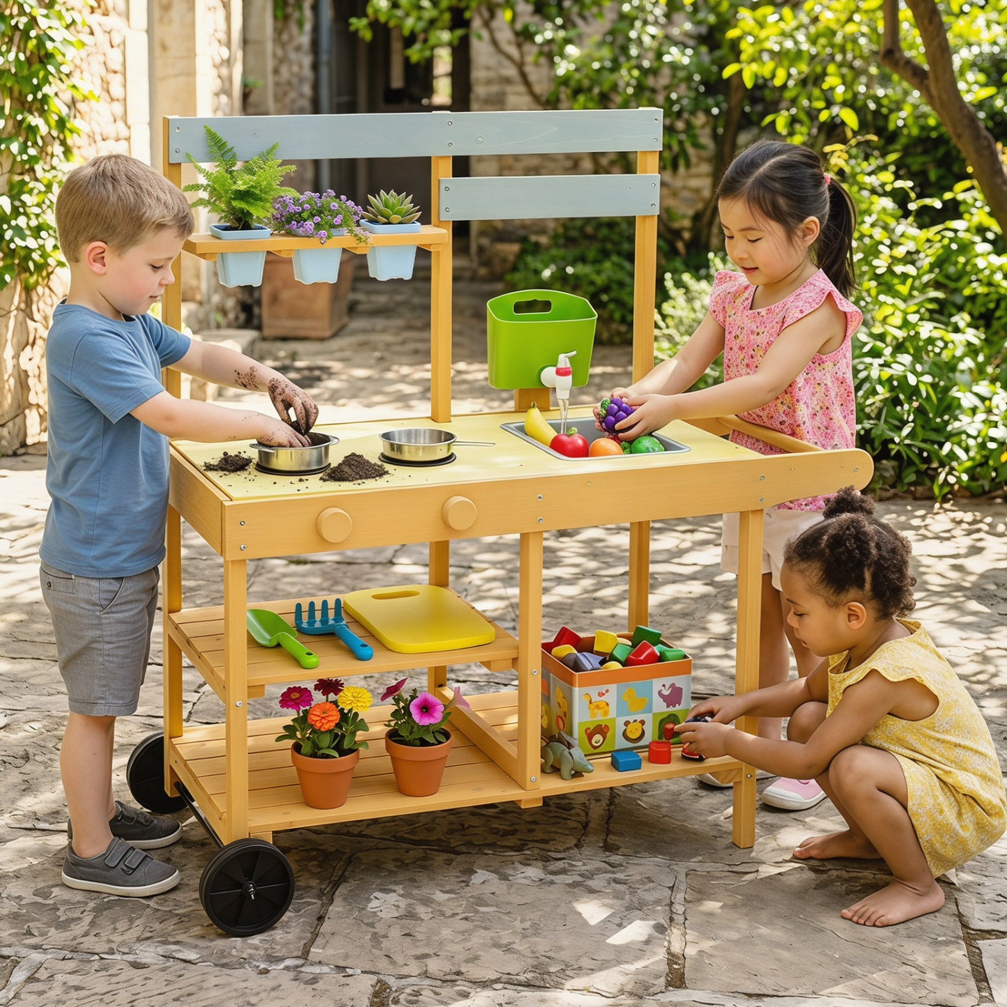 Wooden outdoor mud kitchen for kids with yellow finish, flowerpots, and wheels, perfect for pretend play and outdoor activities.