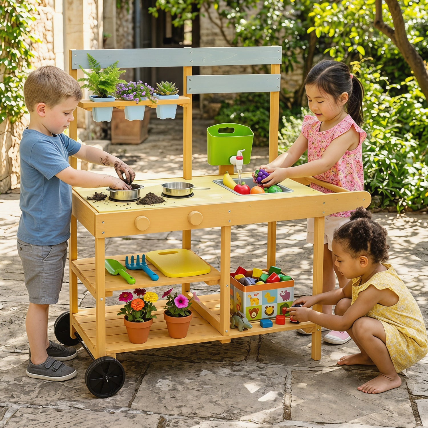 Wooden outdoor mud kitchen for kids with yellow finish, flowerpots, and wheels, perfect for pretend play and outdoor activities.