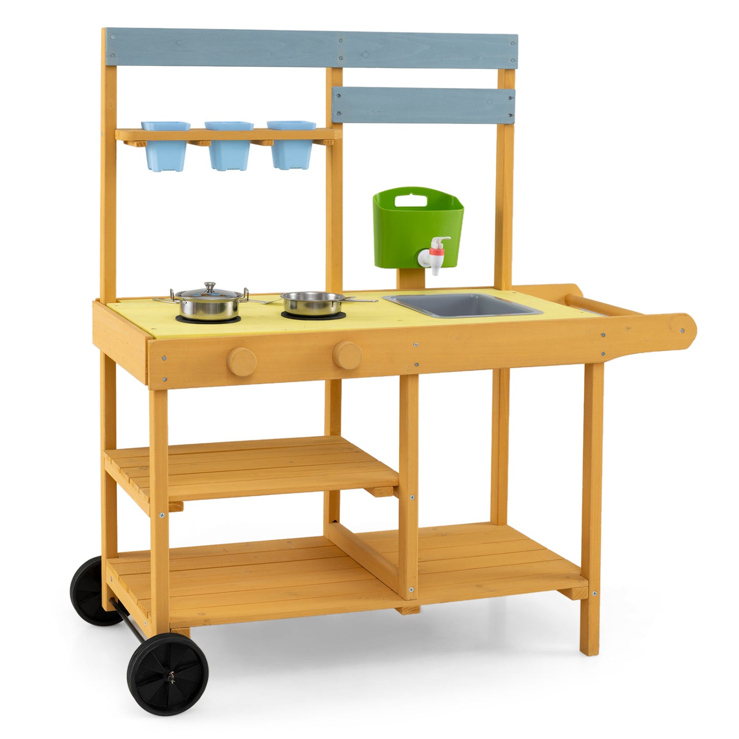 Wooden outdoor mud kitchen for kids with flowerpots and wheels, yellow play kitchen set for pretend outdoor cooking and gardening.
