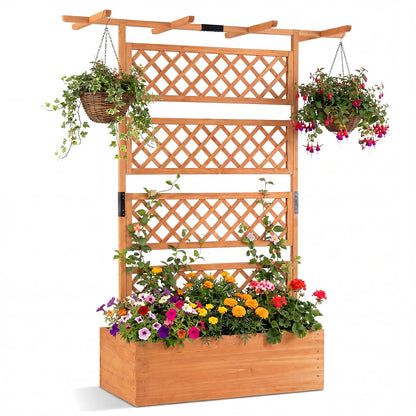 Wooden Planter Box with Lattice Trellis Raised Garden Bed Privacy Screen with Flat Roof-Brown