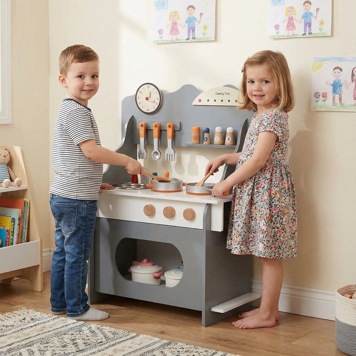 Wooden Play Kitchen for Kids Pretend Play Toy Kitchen Set with Clock Gift for Boys and Girls 3 +-Gray