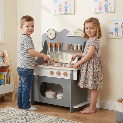 Wooden Play Kitchen for Kids Pretend Play Toy Kitchen Set with Clock Gift for Boys and Girls 3 +-Gray