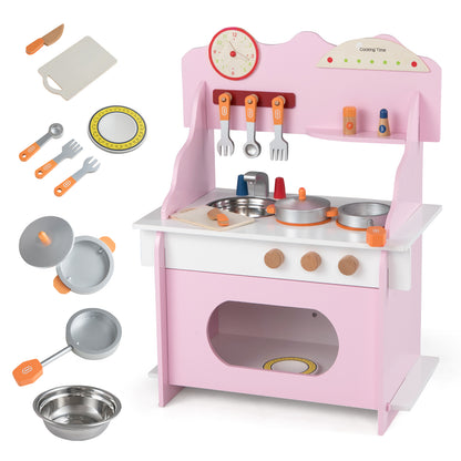 Wooden Play Kitchen for Kids Pretend Play Toy Kitchen Set with Clock Gift for Boys and Girls 3 +-Gray