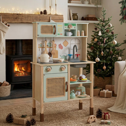 Wooden Play Kitchen for Kids with Lights and Sounds Retro Style With Accessories-Green