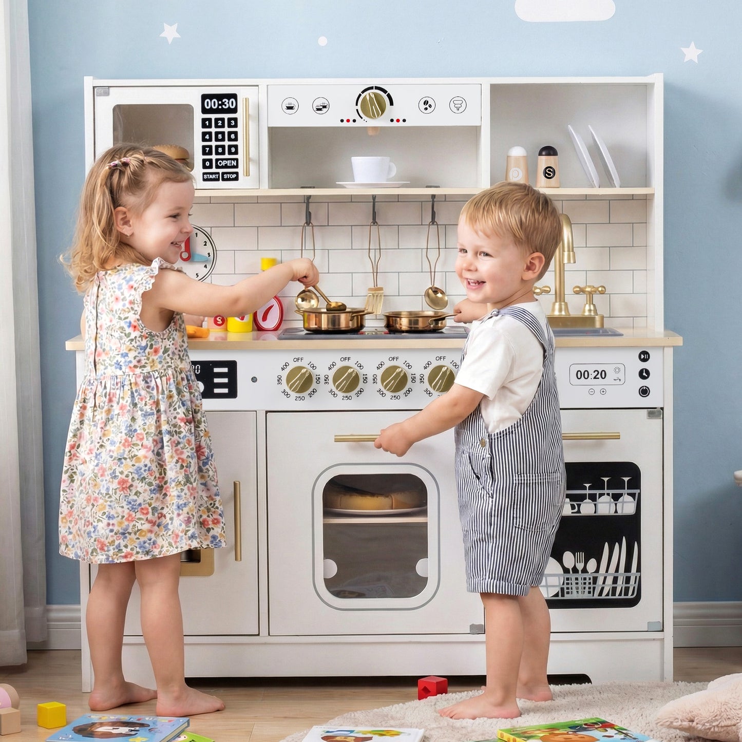 Wooden Play Kitchen for Kids with Realistic Lights and Sounds-Black