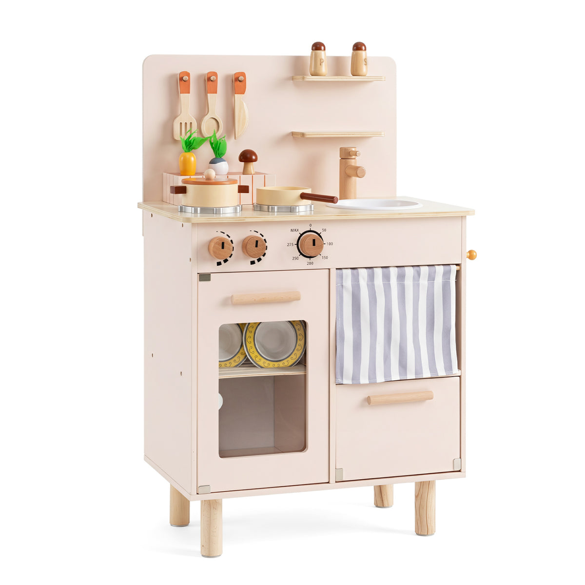 Wooden kids' play kitchen set with beige finish, featuring stoves, faucet, and sink for pretend cooking fun.