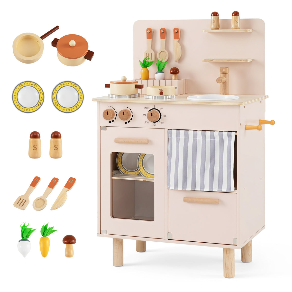 Wooden beige play kitchen set for kids with stoves, faucet, and sink, designed for pretend play and imaginative fun.